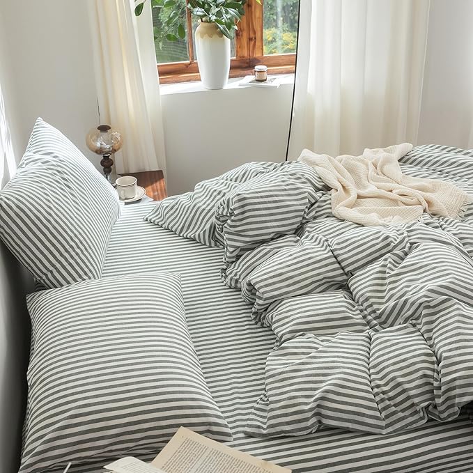 FOSSA Striped Duvet Cover Set 100% Washed Cotton Linen Feel Super Soft Breathable Cozy 3 Pieces Bedding Sets Heathered Green Classic Stripes King