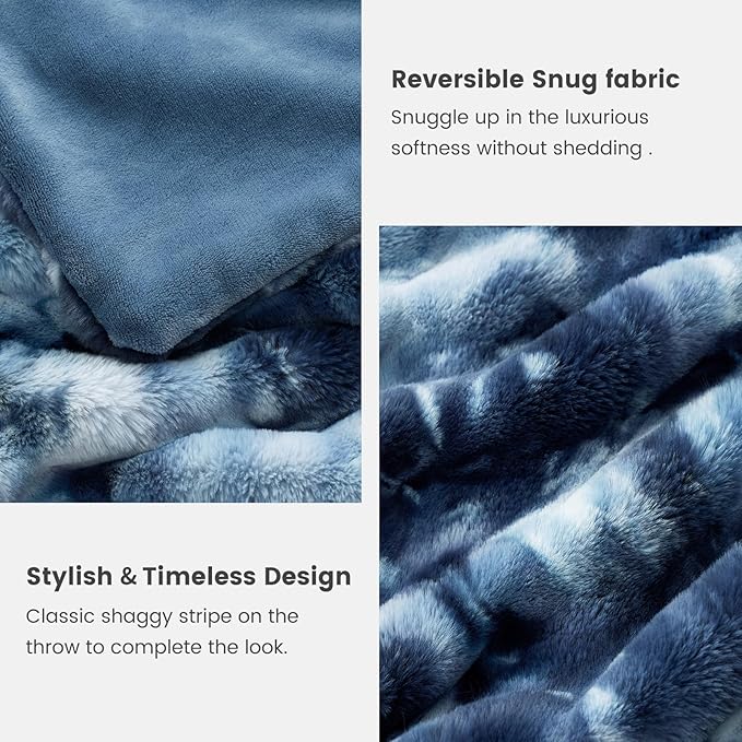 Cozy Bliss Faux Fur Throw Blanket for Couch, Fuzzy Soft Plush Thick Striped Blanket for Sofa Bedroom Living Room, 50 * 60 Inches Tie-dye Blue
