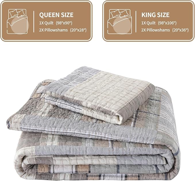 KALOOLA 100% Cotton Quilts Queen Size, Farmhouse Brown Plaid Queen Quilted Bedding Set 3 Pieces, Rustic Lightweight Bedspread Coverlet with 2 Pillowshams for All Season