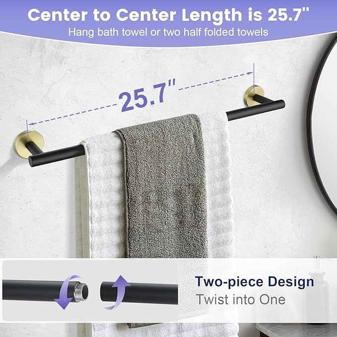 YACVCL 5 Pieces Bathroom Towel Holder, 27.5 Inch Black and Gold Bathroom Set SUS304 Stainless Steel, Towel Bar for Bathroom Wall Mounted, Bathroom Hardware Set, Towel Rods for Bathroom