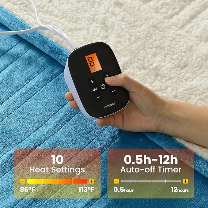 WOOMER Electric Blanket Full Size,Durable Flannel and Soft Sherpa,Dual Control,77”×84” Heated Throw Blanket, 10 Heat Levels&0.5-12h auto-Off,Energy Efficient,ETL Certified