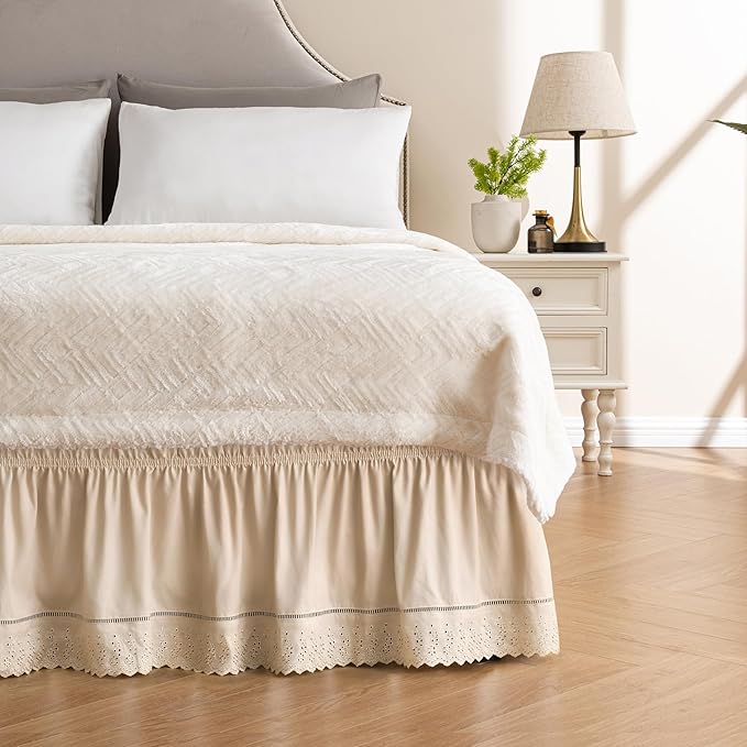 MIYE Wrap Around Ruffled Lace Bed Skirt, Elastic Dust Ruffle with Adjustable Belts, Easy to Put On, Bed Frame Cover, Machine Washable (Embroidered/Beige, Full/Twin-12.5" Drop)