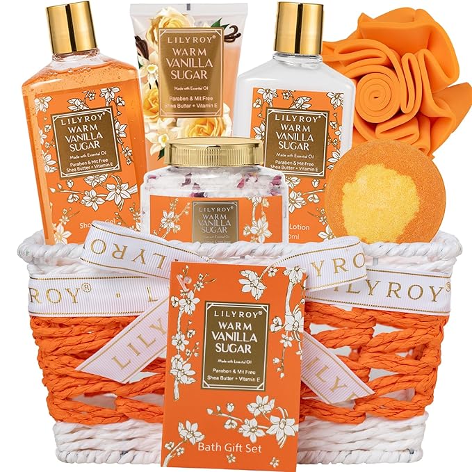 Christmas Gifts for Women - 7 Pcs Vanilla Sugar Bath and Body Gift Basket Set for Women, Spa Gift Baskets Set | Valentine's, Birthday, Mothers Day Gifts for Mom, Perfect Gift for Her All Occasion