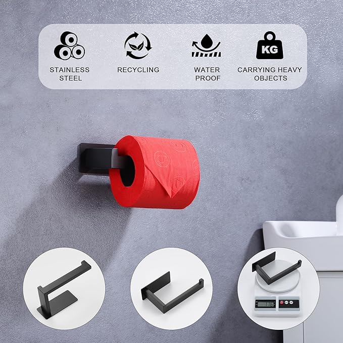 LANC Self-Adhesive Toilet Paper Holder, Matte Black Toilet Tissue Holder Wall Mounted for Bathroom Kitchen Stick On Paper Roll Holder with No Drilling Rustproof Stainless Steel, A8307MB