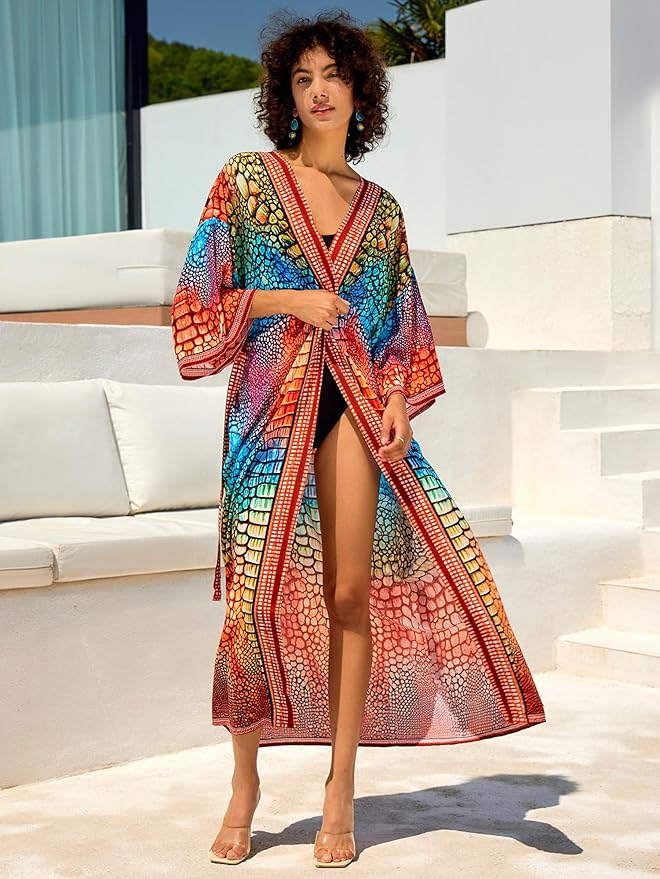 Women Casual Open Front Lightweight Cardigan Long Beach Kimono Cover Up