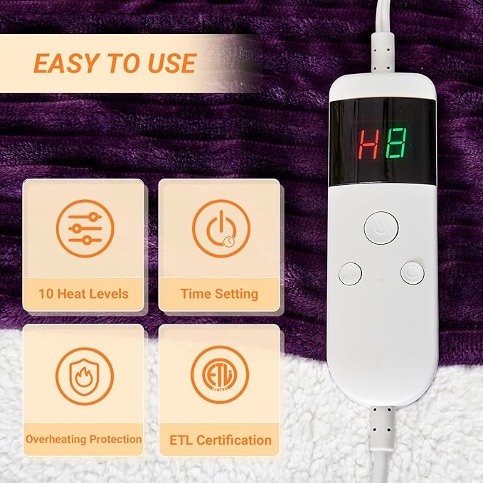 Heated Blanket Electric Full, Soft Flannel Heating Blanket with 8 Hours Auto Off 10 Fast Heating Levels Machine Washable Sherpa Heated Blanket with Overheating Protection