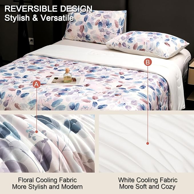 Cyusri Print Cooling Comforter Set 2Pcs Breathable Cool Twin Size Bedding Set with 1 Pillowcase Leaf Pattern Silky Cold Quilt, Blue 68"x90"