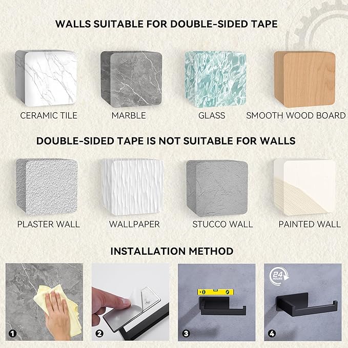 LANC Self-Adhesive Toilet Paper Holder, Matte Black Toilet Tissue Holder Wall Mounted for Bathroom Kitchen Stick On Paper Roll Holder with No Drilling Rustproof Stainless Steel, A8307MB
