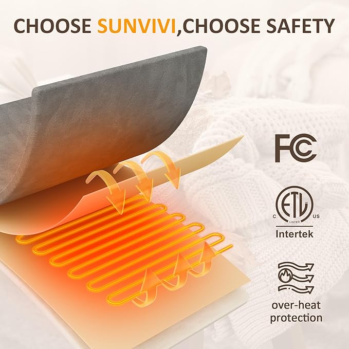 SUNVIVI Heated Blanket Queen Size, Electric Throw Dual Control, 5 Years Warranty, 10 Heat Settings, 12 Hours Auto Off, Soft Flannel and Sherpa, Machine Washable, ETL Certified, Grey, 84x90 Inch