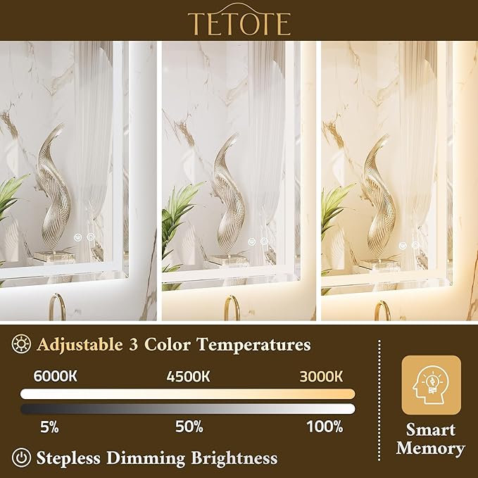TETOTE 48 x 24 Inch Led Lighted Bathroom Mirror with Lights, Beveled Front and Backlit Extra-Bright Light up Mirror for Bathroom Wall, 3-Color Dimmable, Defogging, Tempered Glass, Waterproof