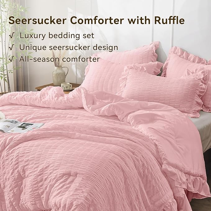 JOLLYVOGUE Pink Comforter Full Size, 3 Pieces Seersucker Lightweight Full Size Bedding, All Season Fluffy Microfiber Bedding Comforter Set with 1 Ruffle Comforter and 2 Ruffle Pillowshams