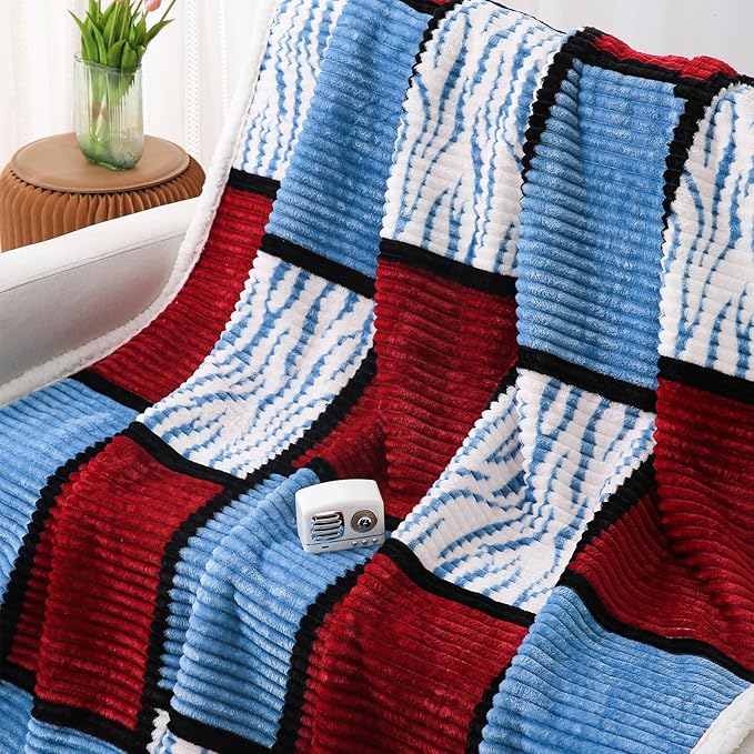 PU MEI Sherpa Blanket Fleece Throw Blanket Queen Plaid Thick Bed Blanket, Soft Warm Cozy Throw Blanket, 80”*90” Zebra-Wine Blue