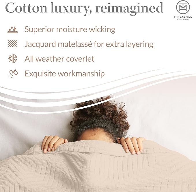 Threadmill Luxury Cotton Blankets for Twin Size Bed | All-Season 100% Cotton Twin Blanket for Bed | Aster Jacquard Lightweight, Soft & Cozy Coverlet, 350GSM, 68 x 90 inches | Vanilla Cream