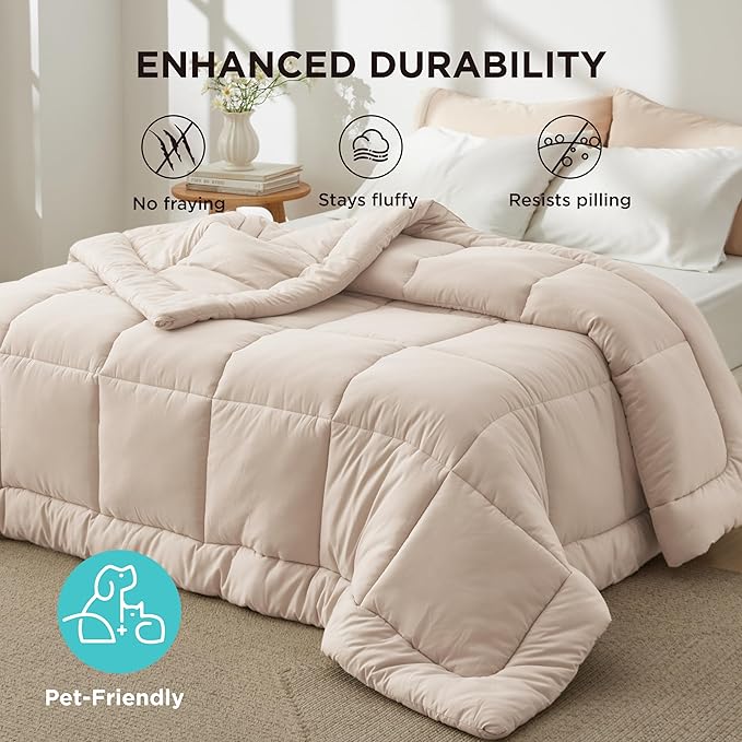 Bedsure Comforter Duvet Insert - Quilted Comforters Oversized King Size, All Season Duvet, GentleSoft Down Alternative Bedding, with 8 Tabs, Gifts for Women/Men, Beige, Oversized King 116 x 98 Inches