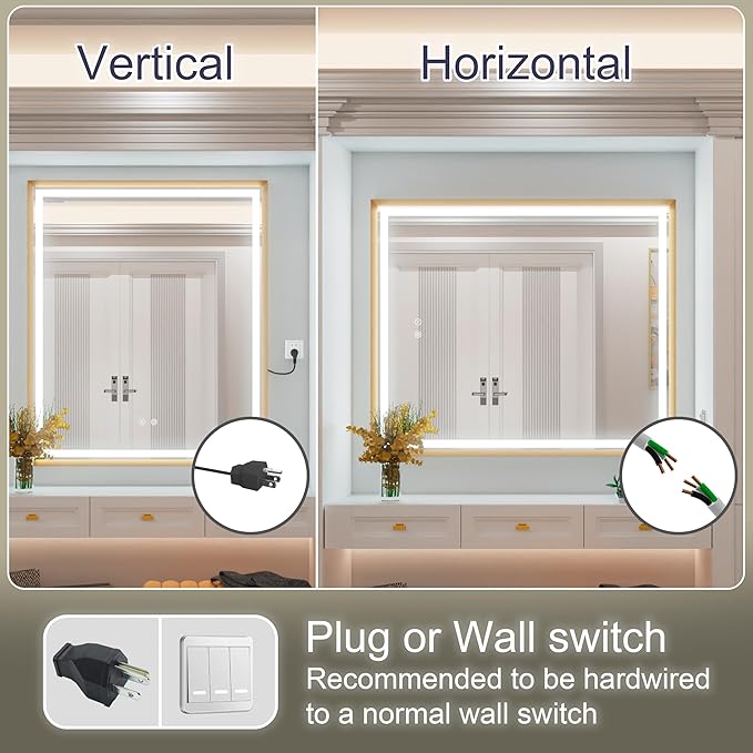 28x36 Inch LED Mirror for Bathroom, Gold Bathroom Mirror with Lights, Dimmable, Anti-Fog, Adjustable 3000K/4500K/6000K