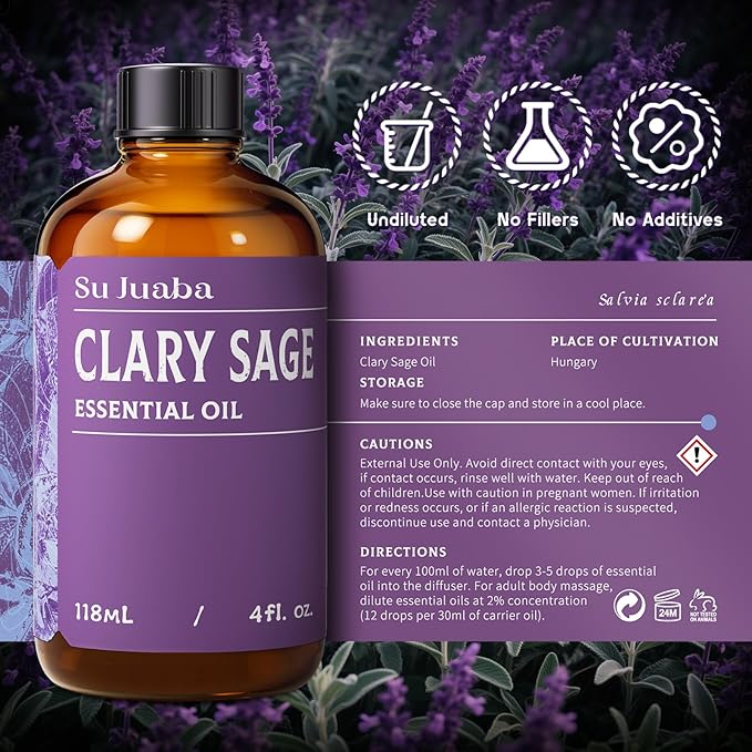 SU JUABA Clary Sage Oil Essential Oil 4 Fl Oz, 100% Pure Natural for Anxiety Relief, Skin, Hair,Diffuser, Aromatherapy -118ml
