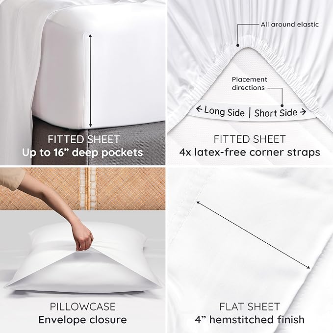 Bambaw 100% Viscose Derived from Bamboo Sheets California King Size – 4pcs Deep Pocket Cooling Sheets, Fits Up to 16'', Buttery Soft Bed Sheets, Luxury Bed Sheets California King Set (White)