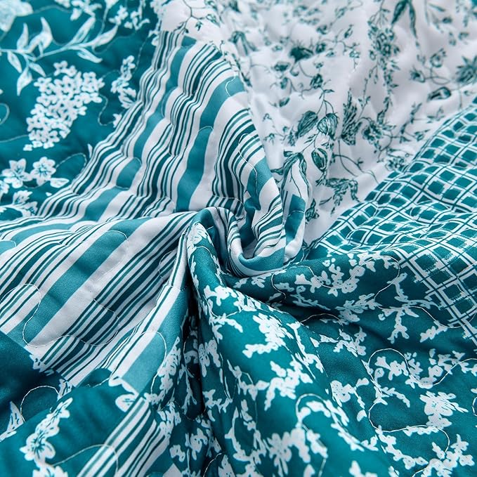 Mybedsoul Teal Blue Quilt Set King Size 3 Pieces Boho Plaid Turquoise Floral Bedspread Set Microfiber Lightweight Bohemian Bedding Bedspread Coverlet Set for All Season 90"x104"