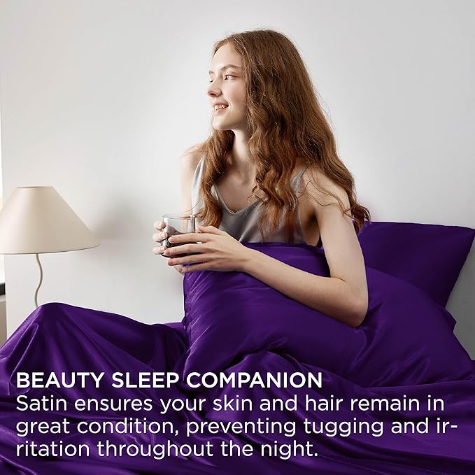 Bedsure Satin Sheets Full Size - 4 Piece Silky Bedsheets with 15 Inches Deep Pocket Fitted Bedsheet,1 Flat Sheet, 2 Satin Pillowcases, Good for Hair & Skin (Full, Purple)