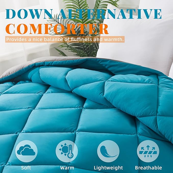 Cosybay Down Alternative Comforter (Algiers Blue/Dark Grey, Queen) - All Season Soft Quilted Queen Size Bed Comforter - Duvet Insert with Corner Tabs -Winter Summer Warm Fluffy, 88x92inches