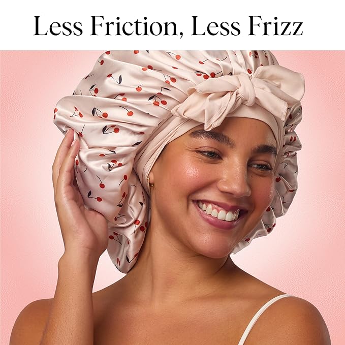 Kitsch XL Satin Bonnet for Sleeping - Softer Than Silk Bonnet For Sleeping Women - Secure Fit, Adjustable, Night Cap For Curly & Textured Hair - Prevents Breakage, Tangles & Thinning - Cherry Print