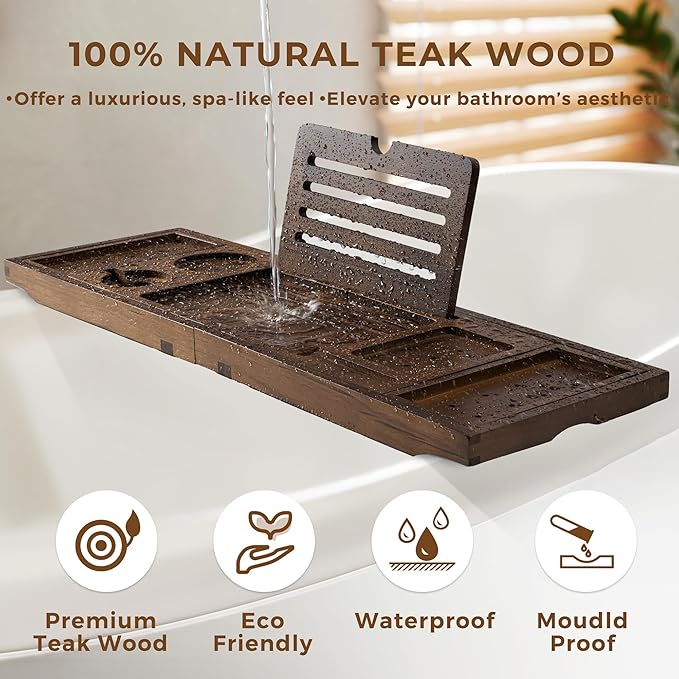 Teak Bathtub Tray Expandable Bathroom Tray for Home Spa Relaxation, Wooden Tray Caddy for Bathtub, Teak Bathtub Caddy as Unique Housewarming, Birthday, Wedding Shower Gifts (Walnut Teak)