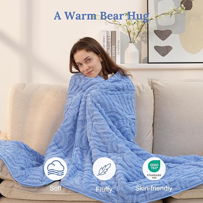 Sherpa Fleece Adult Weighted Blanket Great for Sleep, 15 lbs Dual Sided Soft Fuzzy Heavy Blankets for Couch Bed Sofa, Cozy Warm Fluffy Arched Jacquard Throw for Winter (Blue, 60" x 80", 15 Pounds)
