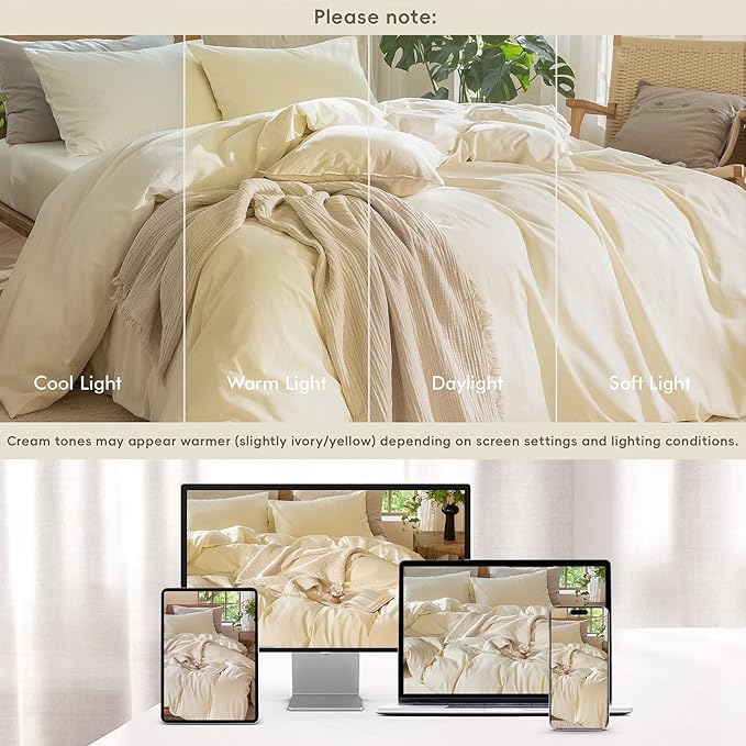 MooMee Bedding Duvet Cover Set 100% Washed Cotton Linen Like Textured Breathable Durable Soft Comfy (Solid Cream White, King 104"x90")