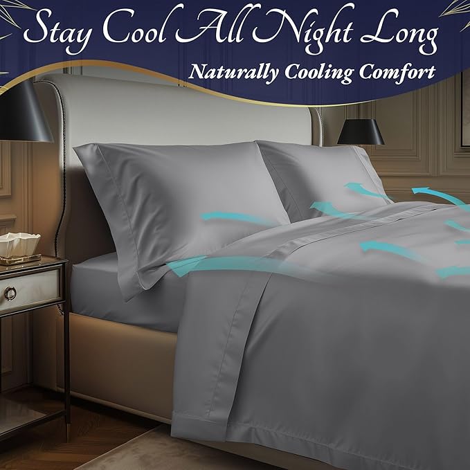 DECOLURE 100% Viscose Derived from Bamboo Sheets Cal King Size 4pcs - Ultra Soft & Luxuriously Cooling, 17" Deep Pocket, Double Stitching, Perfect for Hot Sleepers - King Bed Sheets (Midgrey)