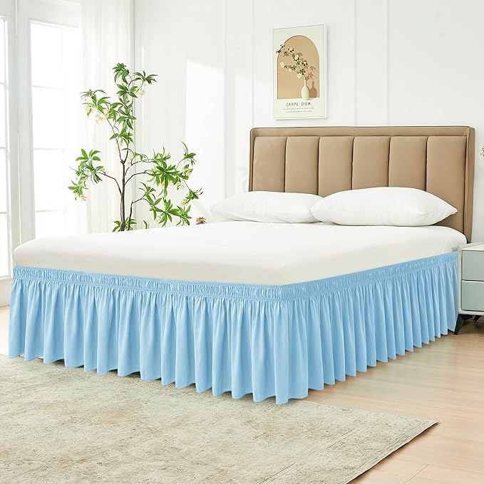 Biscaynebay Wrap Around Bed Skirts for Twin & Twin XL Beds 15" Drop, Light Blue Adjustable Elastic Dust Ruffles Easy Fit Wrinkle & Fade Resistant Silky Luxurious Fabric Machine Washable