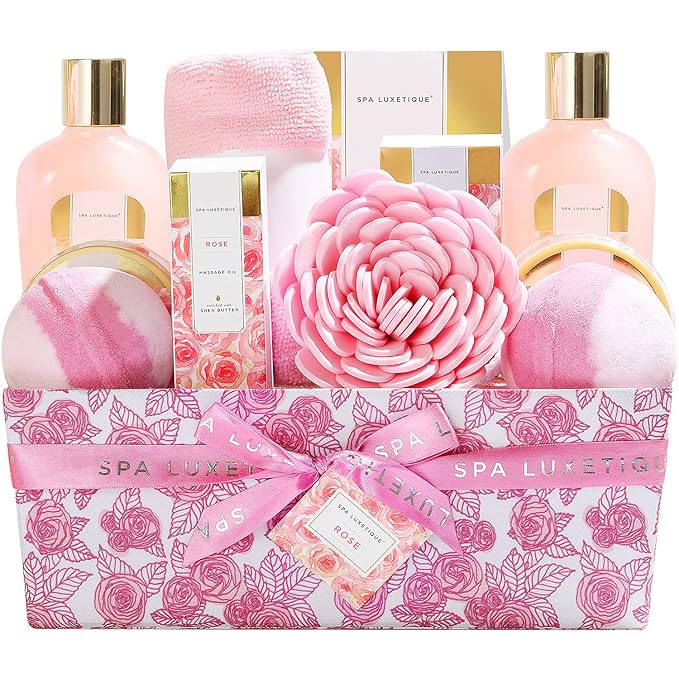 Spa Luxetique Spa Gift Baskets for Women, 12 Pcs Rose Presents Set with Bubble Bath, Bath Bombs, Body Lotion, Hand Cream, Christmas Gift Basket for Mom