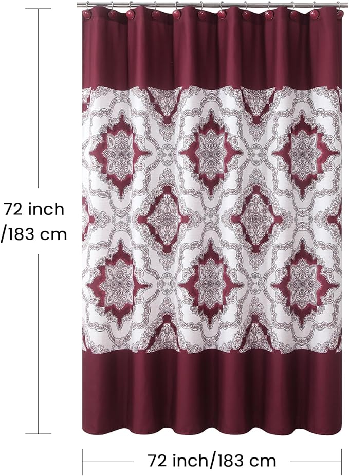 Burgundy Shower Curtain 72x72 Inches, Water Repellent Fabric with Medallion Pattern, 12 Metal Grommets and Weighted Hem