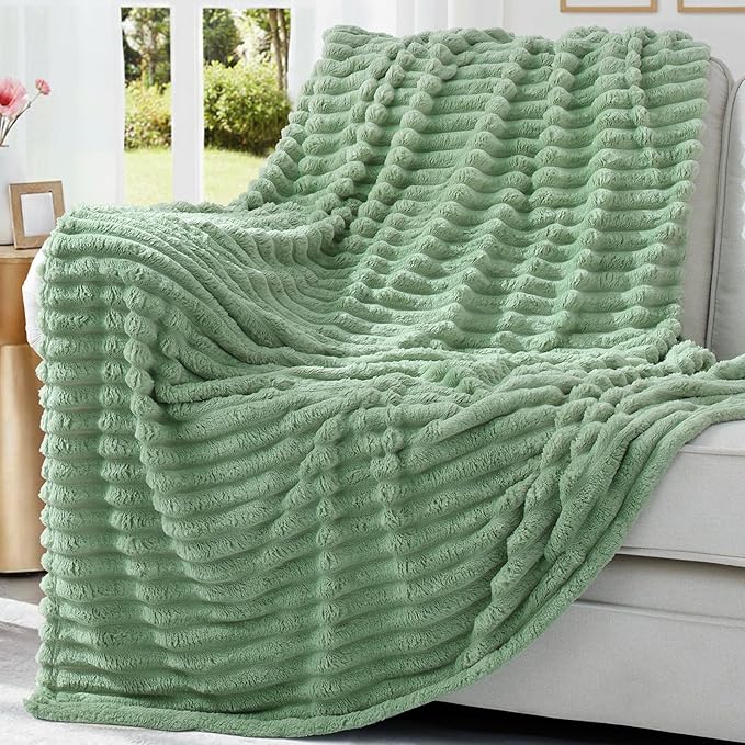 decorUhome Christmas Soft Fleece Sage Green Blanket Queen Size for Bed, Cozy Fluffy Plush Flannel Large Striped Throws for Couch Sofa, Lightweight Decorative Fuzzy Blanket for Woman, 90x90 Inches