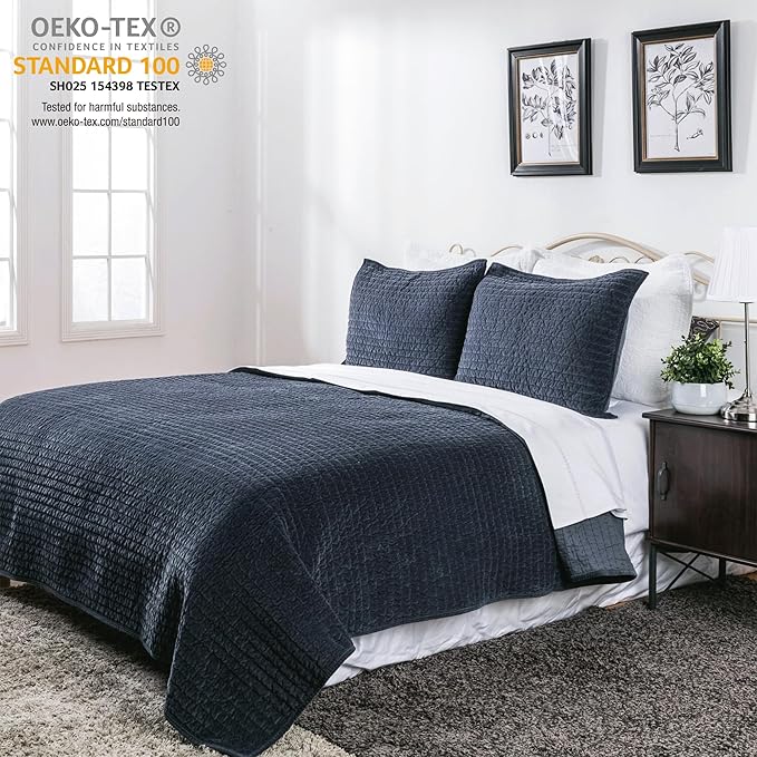 Elegant Life Home Reversible Royal Cotton Velvet Pic-Stitch Bedding Quilt - Queen Quilt - 88" x 92", Dusty Blue