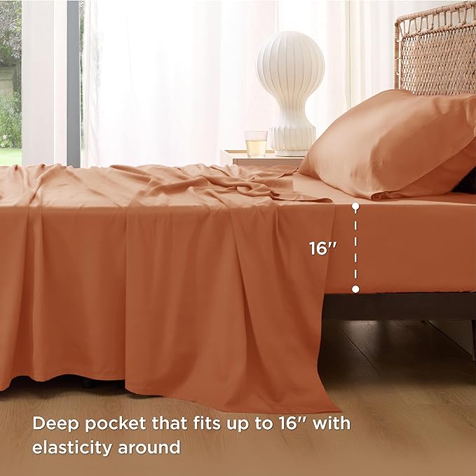 Bedsure Cooling Sheets Twin XL, Rayon Derived from Bamboo, Breathable & Soft Twin XL Sheet Sets, Deep Pocket Up to 16 Inches, Hotel Luxury Silky Dorm Bedding for Hot Sleepers, Burnt Orange