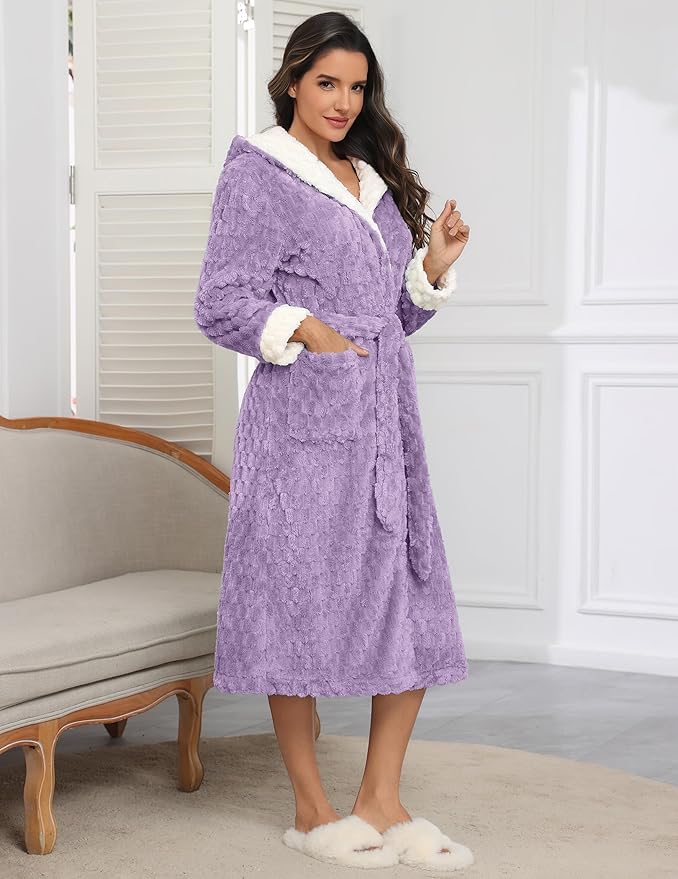Ekouaer Womens Plush Robes Long Soft Jacquard Fluffy Bathrobe Hooded Robe Sleepwear with Pockets