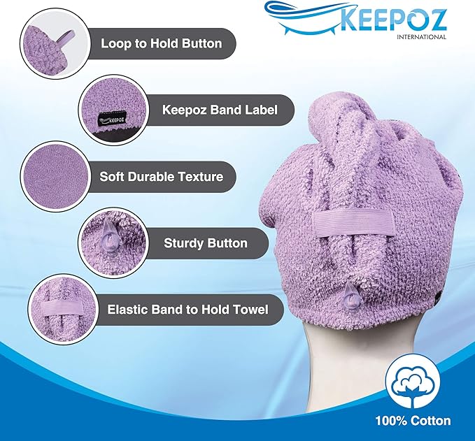 KEEPOZ Hair Towel Wrap Quick Dry 100% Cotton Super Absorbent Turban Head Wrap for Women with Button, Non Microfiber Anti Frizz Products, Hair Cap for Curly, Long (Lilac Pink Check, 2 Pcs)