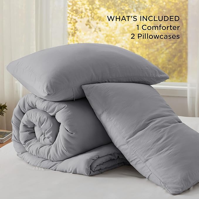 Bedsure King Size Comforter Set, Grey Soft Prewashed Bedding for All Seasons, 3 Pieces GentleSoft™ Warm Down Alternative Bed Set, 1 Lightweight Comforter (104"x90") and 2 Pillowcases (20"x36")