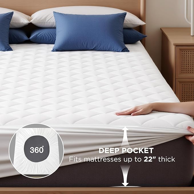 Bedsure King Mattress Protector, Quilted Waterproof Mattress Pad with Deep Pocket up to 22 Inches, Soft Breathable Noiseless Bed Cover, Topper Bed King White for Home, Bedroom, Hotel - White