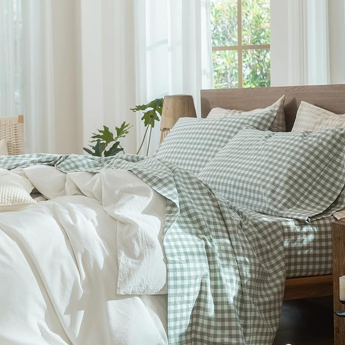 MooMee Gingham Sheet Set 100% Washed Cotton Linen Like Textured Breathable Soft w/Fully Elasticized 16-19" Deep Pocket (Classic Gingham Sage Green, Queen)
