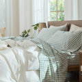 MooMee Gingham Sheet Set 100% Washed Cotton Linen Like Textured Breathable Soft w/Fully Elasticized 16-19" Deep Pocket (Classic Gingham Sage Green, Queen)