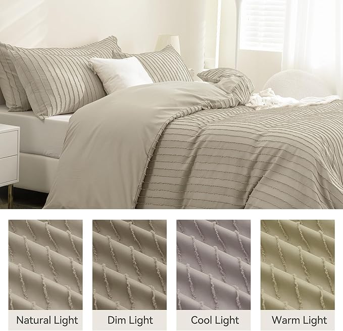 JELLYMONI Duvet Cover Full Size Khaki - 3PCS Boho Striped Duvet Cover Set Polyester Tufted Bohemian Textured Comforter Cover 80×90in with Corner Ties & Zipper and 2 Pillowcases