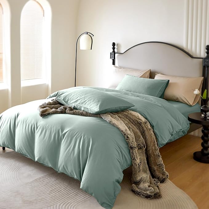 PURE ERA Duvet Cover Set 800 Thread Count Long Staple Cotton Sateen Silky Soft Luxurious Smooth 3 Piece Set Sage Green Cal King
