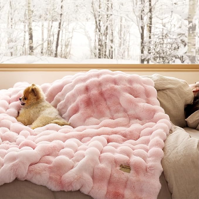 Bedsure GentleSoft Fluffy Faux Fur Blanket Twin Size, Fuzzy Soft Bubble Blanket for Couch, Faux Fur Decor for Home Bedroom Living Room, Thick Furry Cozy Gifts for Women, Tie-dye Pink, 60x80 Inch