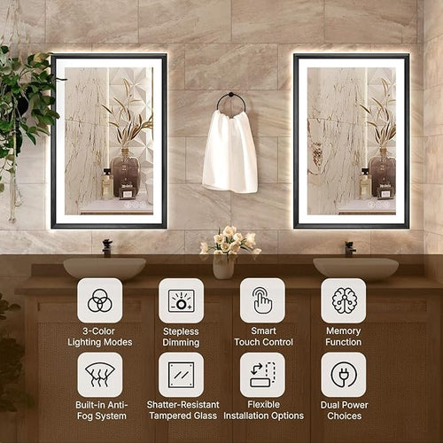 40 x 30 Black LED Bathroom Mirror – Frontlit & Backlit Vanity Mirror with Anti-Fog & Shatter Proof Features, Aluminium Frame, Tempered Glass Mirror with 3 Colour Lights - Perfect for Bathrooms