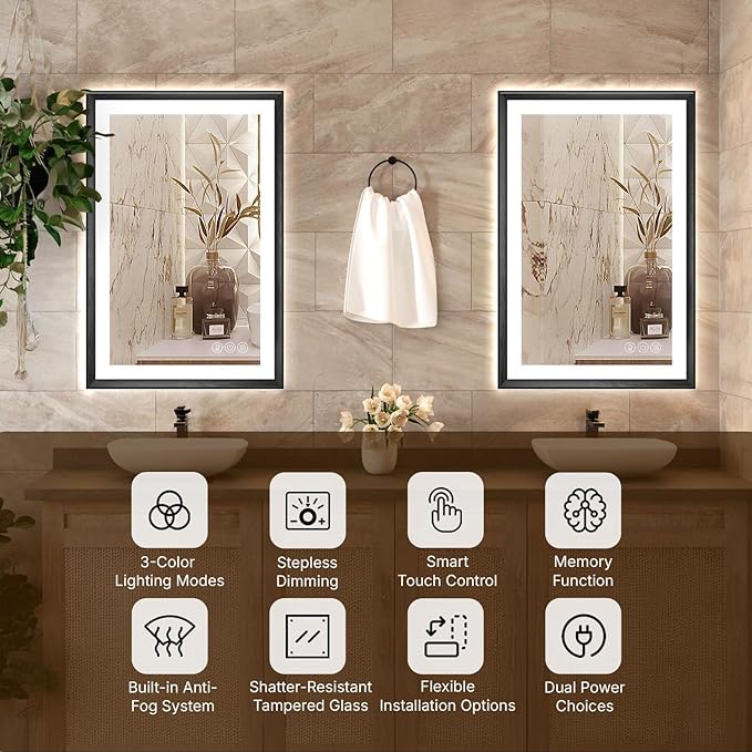 20 x 28 Black Bathroom LED Mirror – Frontlit & Backlit Vanity Mirror with Antifog & Shatter Proof Tempered Glass, Aluminium Frame Bathroom Mirror, Comes with 3 Colour Lights Option