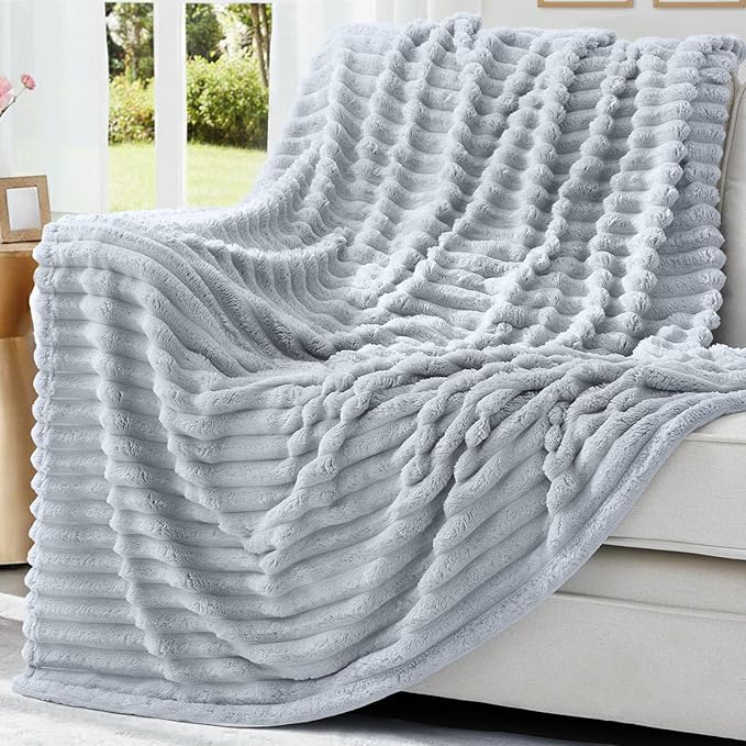 decorUhome Christmas Soft Fleece Light Grey Blanket King Size for Bed, Cozy Fluffy Plush Flannel Large Striped Throws for Couch Sofa, Lightweight Decorative Fuzzy Blanket for Woman, 108x90 Inches