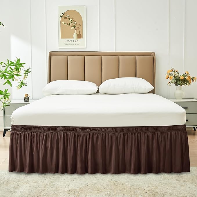 Biscaynebay Wrap Around Bed Skirts for King & Cal King Beds 15" Drop, Brown Adjustable Elastic Dust Ruffles Easy Fit Wrinkle & Fade Resistant Silky Luxurious Fabric Machine Washable