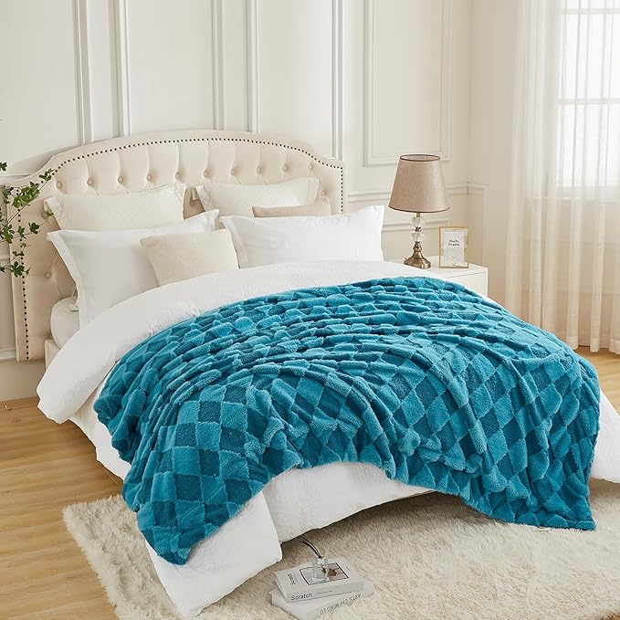 PU MEI Luxury Faux Fur Rabbit Fur Throw Blanket Blue 60"*80",Soft Plush Reversible Sherpa Blankets,Twin Fuzzy Elegant Blanket Thick Throws for Bed,Comfy Bedding Accent Blankets for Sofa Couch Chair