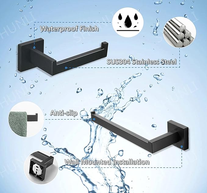 SHUNLI Black Toilet Paper Holder + Hand Towel Holder, 2 Pieces Bathroom Hardware Accessories Set, Towel Ring Towel Bar Wall Mounted, SUS304 Stainless Steel